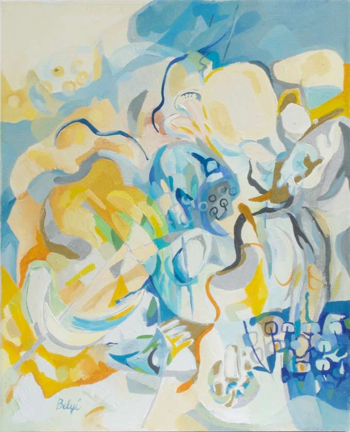 COMPOSITION. 16 W X 20 H X 0.75 IN. MIXED TECHNIQUE ON CANVAS